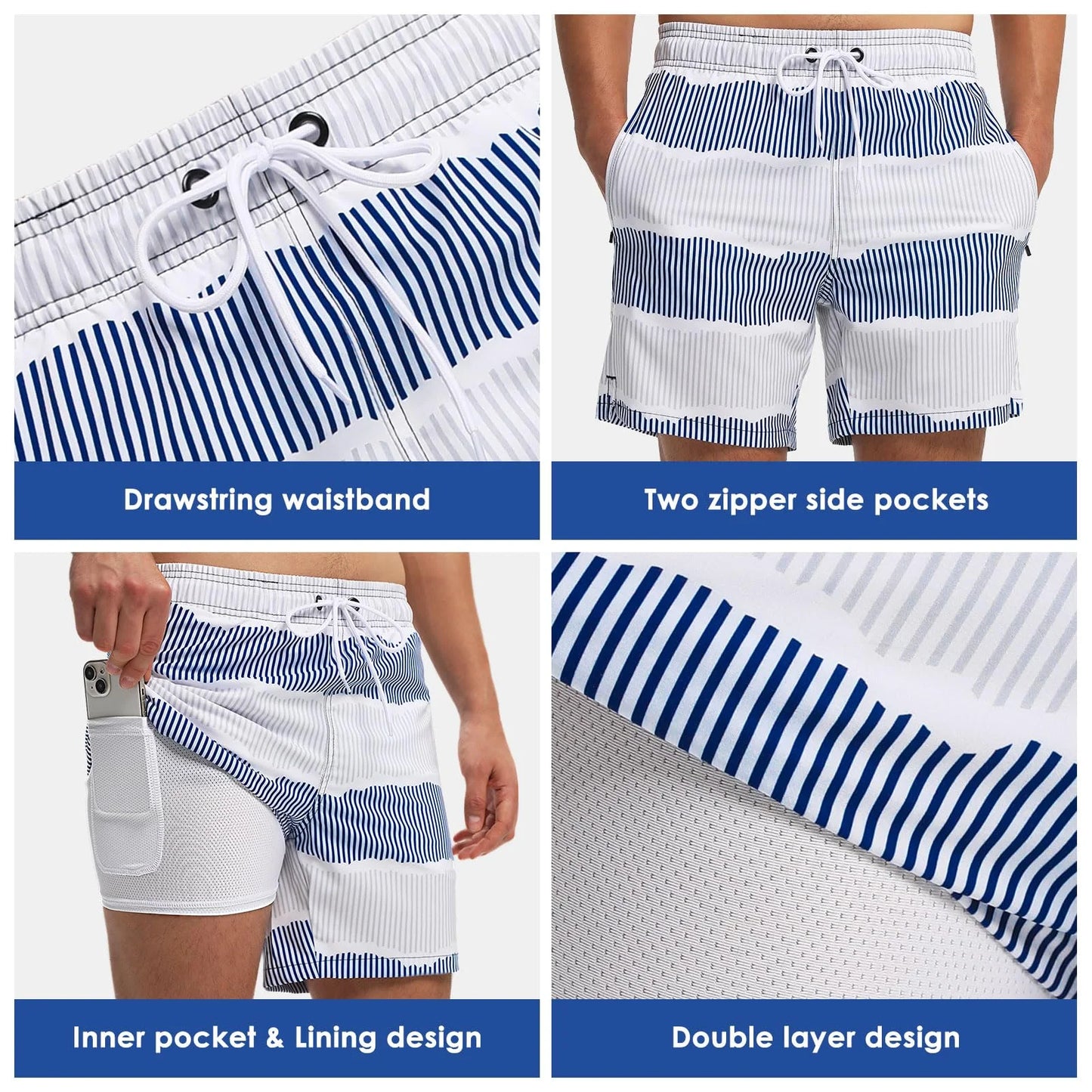 Quick-Dry Swimming Shorts with Compression Liner and Pockets w/ Zippers - Men's