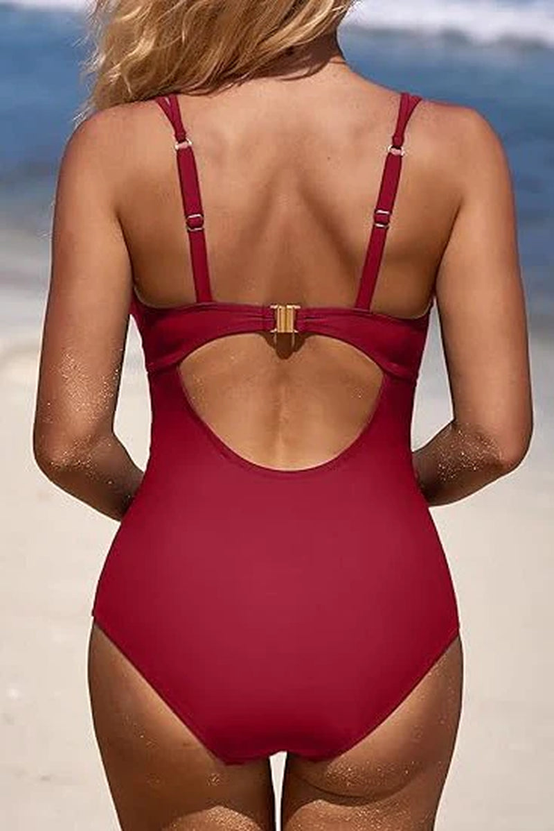 Scalloped V Neck Cut Out Bathing Suit - Women's 