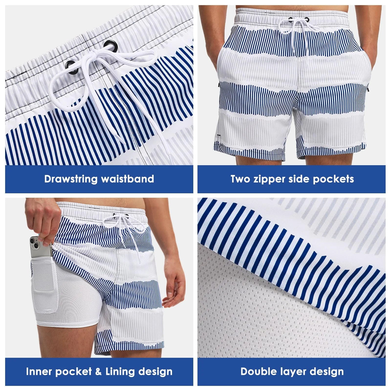 Quick-Dry Swimming Shorts with Compression Liner and Pockets w/ Zippers - Men's 