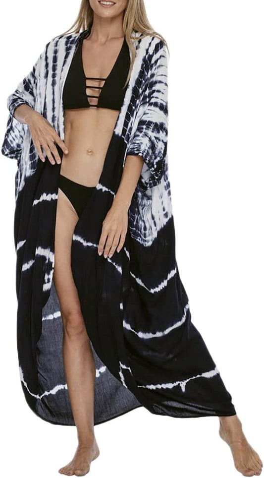 Stylish Tie Dye Open Front Long Swimsuit Cover Up - Women's 
