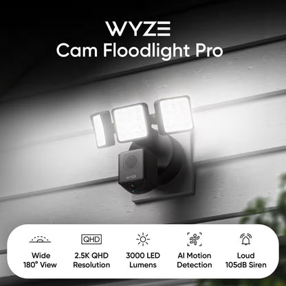 Wired Outdoor Wi-Fi Floodlight Pro Home Security Camera with 2K Resolution, App and Voice Control, Black