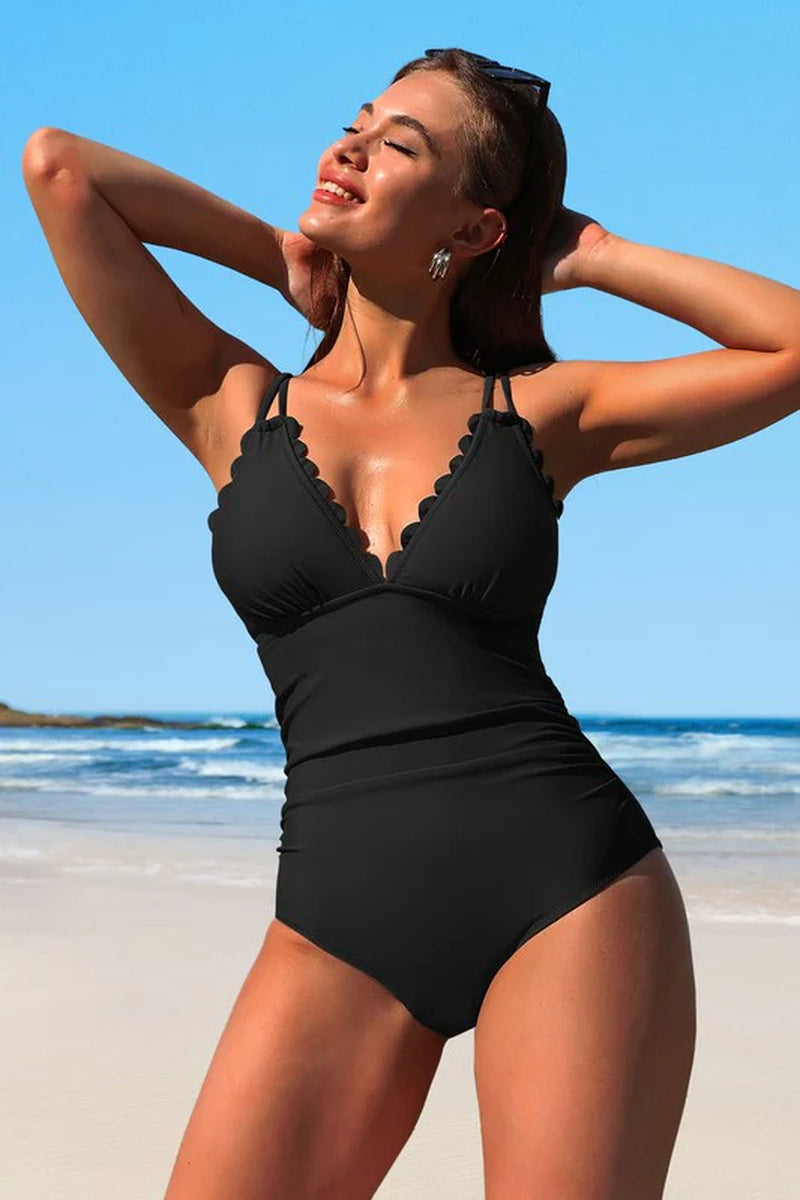 Scalloped V Neck Cut Out Bathing Suit - Women's 