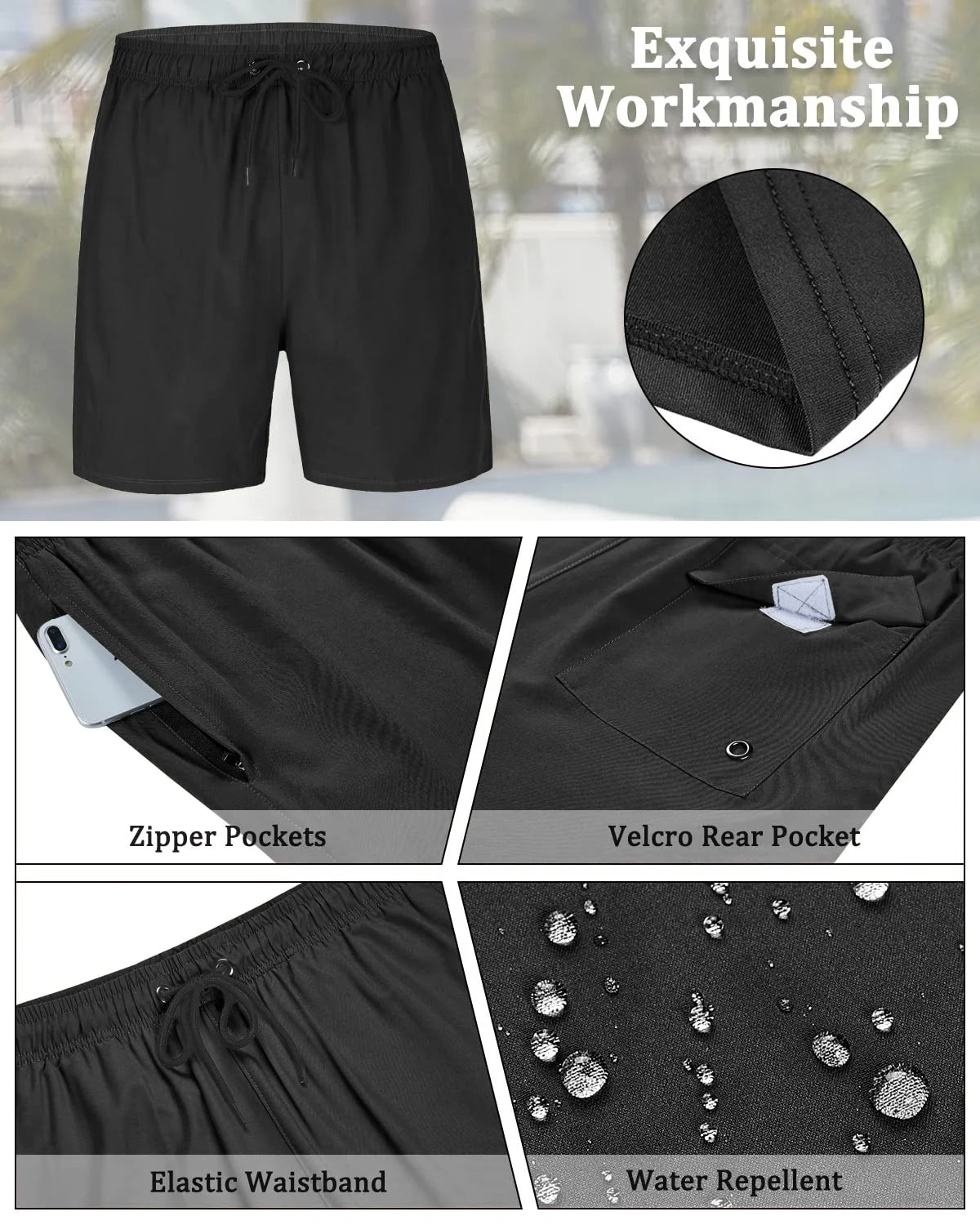 Quick-Dry Swimming Shorts with Compression Liner and Pockets w/ Zippers - Men's 