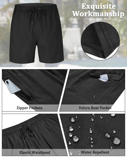 Quick-Dry Swimming Shorts with Compression Liner and Pockets w/ Zippers - Men's 