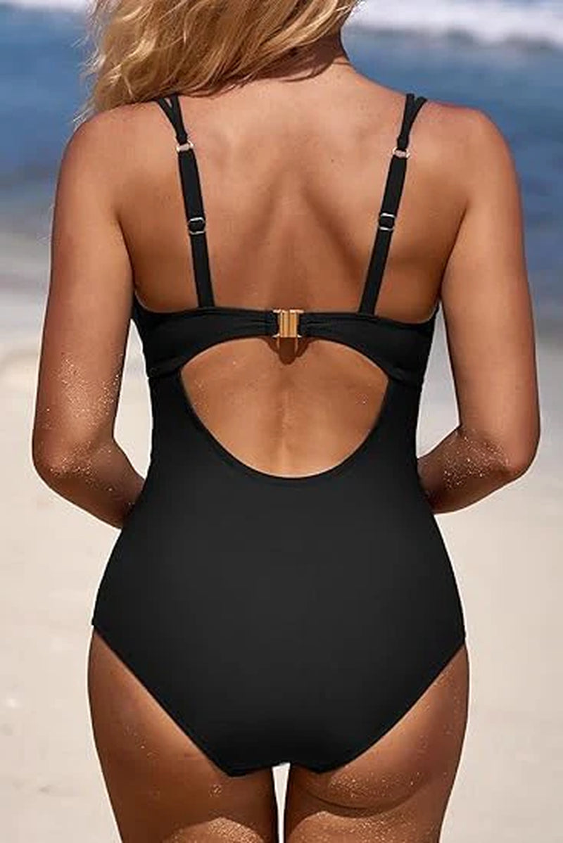Scalloped V Neck Cut Out Bathing Suit - Women's 